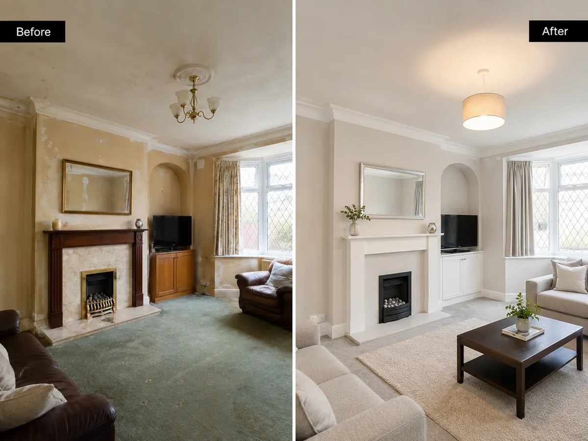 Completed before and after living-room painting and decorating project in the Ballyclare area